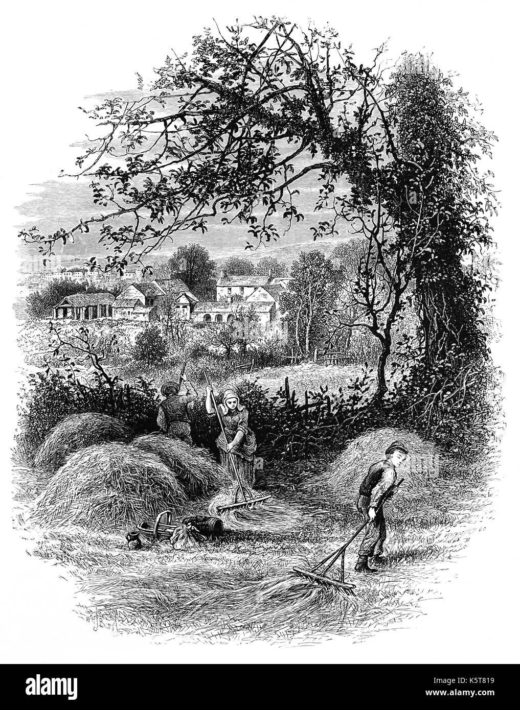 1870: Haymaking near the house of Sir Richard Steele, an Irish writer, playwright, and politician, remembered as co-founder, with his friend Joseph Addison, of the magazine The Tatler.  Carmarthen,  Dyfed, South Wales Stock Photo