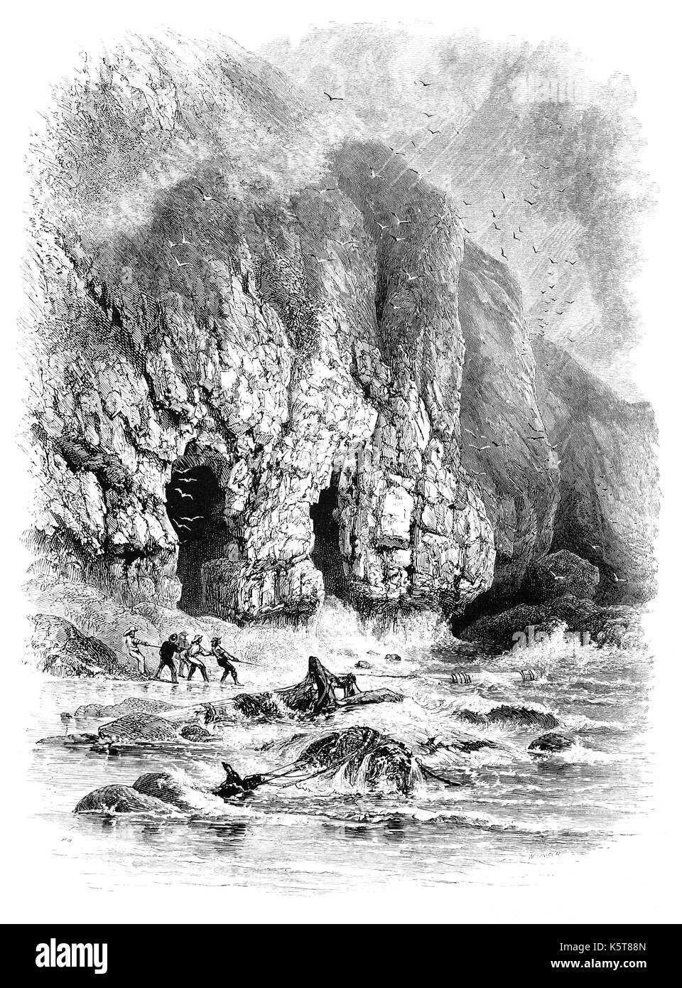 1870: Locals salvaging wreckage from a shipwreck on the shingly beach of Skrinkle Haven, between Old Castle Head and Lydstep Point. It lies south-east of Manorbier village, Pembrokeshire, South Wales. Stock Photo
