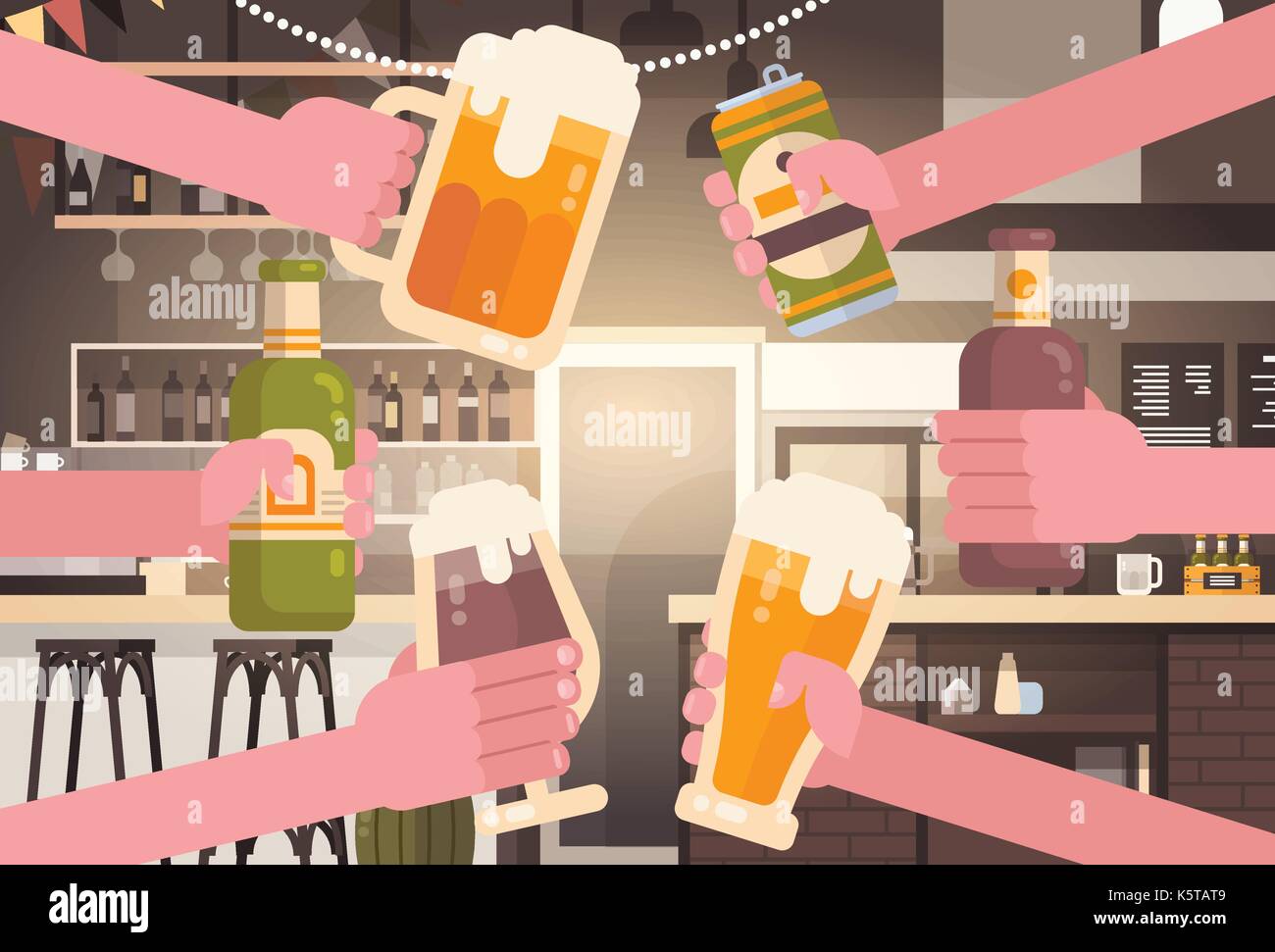 Group Of Hands Clinking Beer People In Pub Or Bar Restaurant Cheering ...
