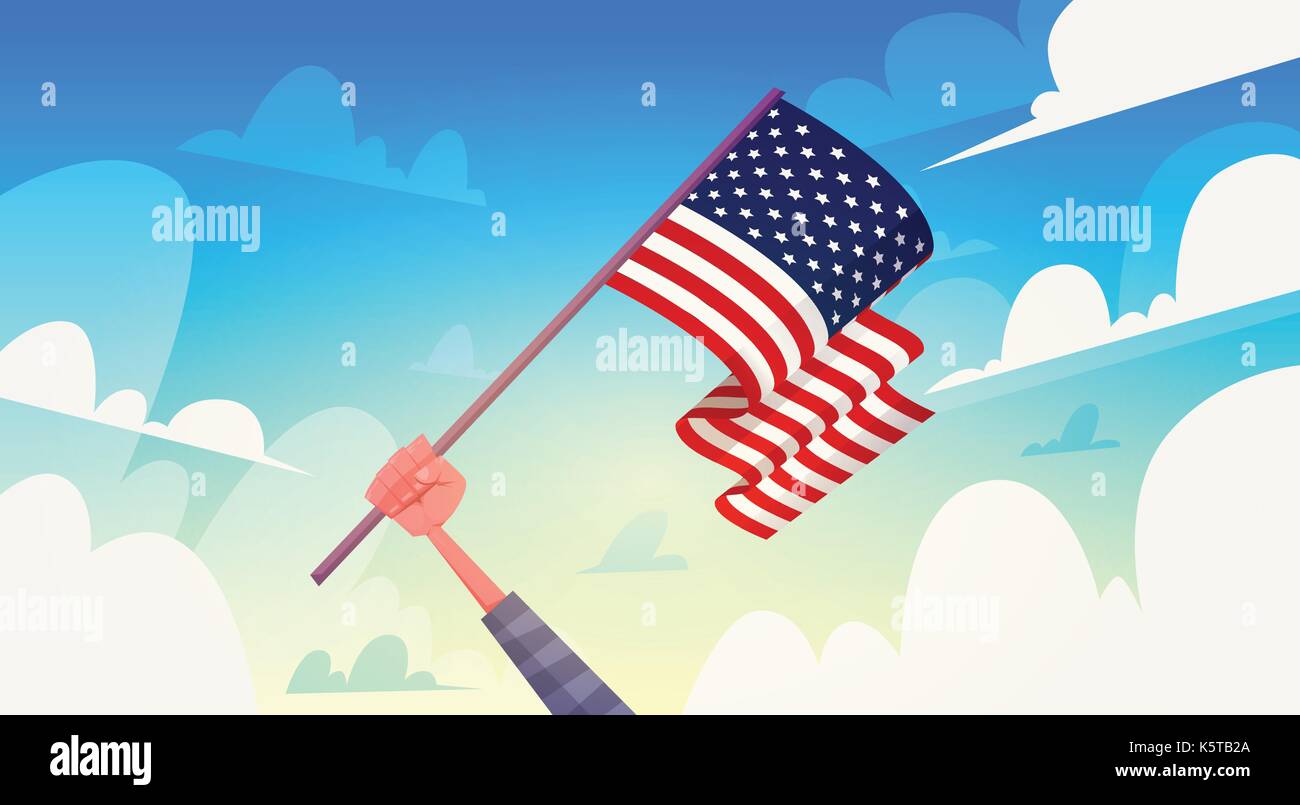 Hand Holding USA Flag Over Blue Sky National Patriot Day United States