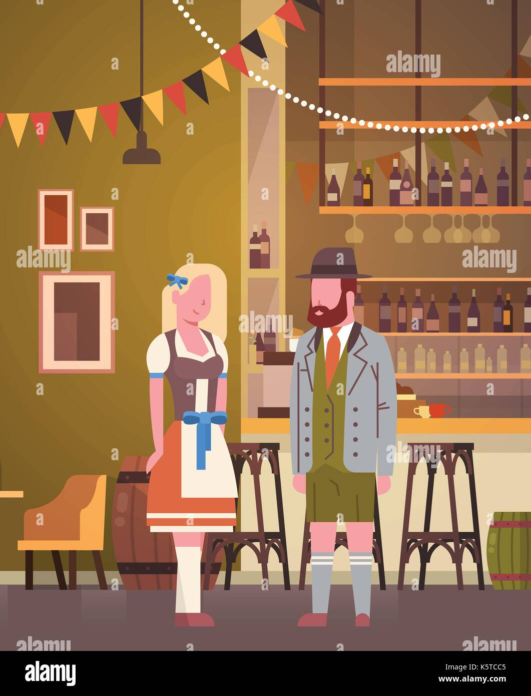 Couple In Pub Wearing Traditional Clothes Drink Beer In Bar Oktoberfest
