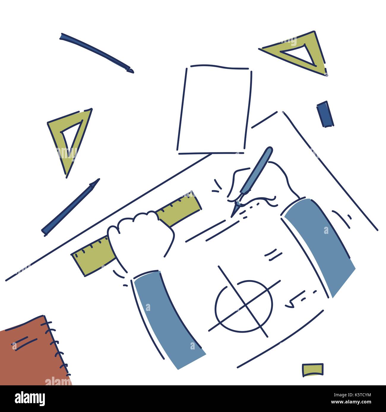 Hands Making Blueprint Design Workplace Desk Top Angle View Stock Vector