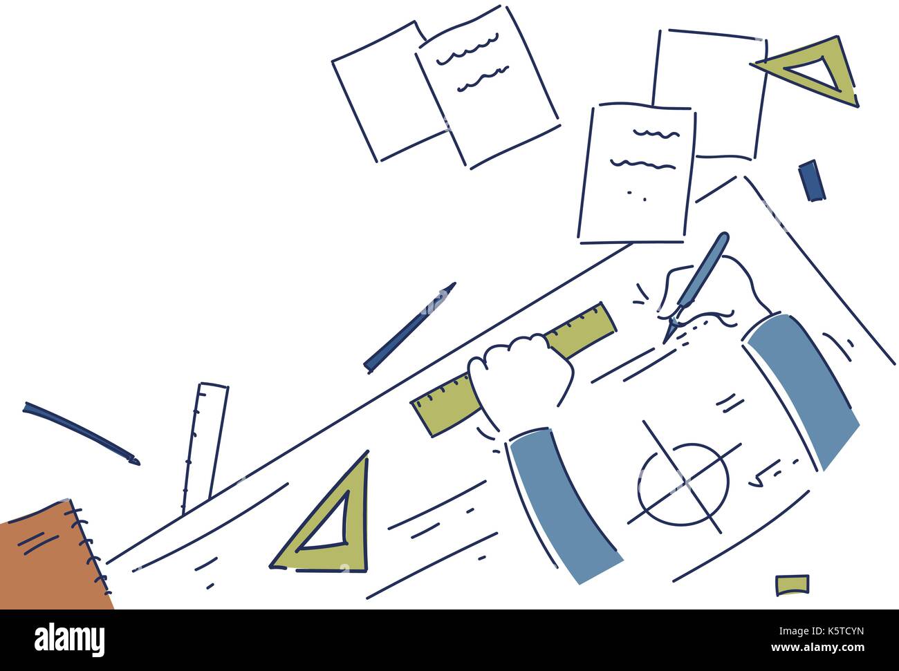 Hands Making Blueprint Design Workplace Desk Top Angle View Stock Vector