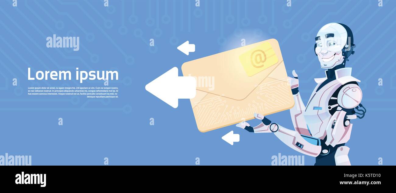 Modern Robot Hold Envelope Sending Email Message, Futuristic Artificial
