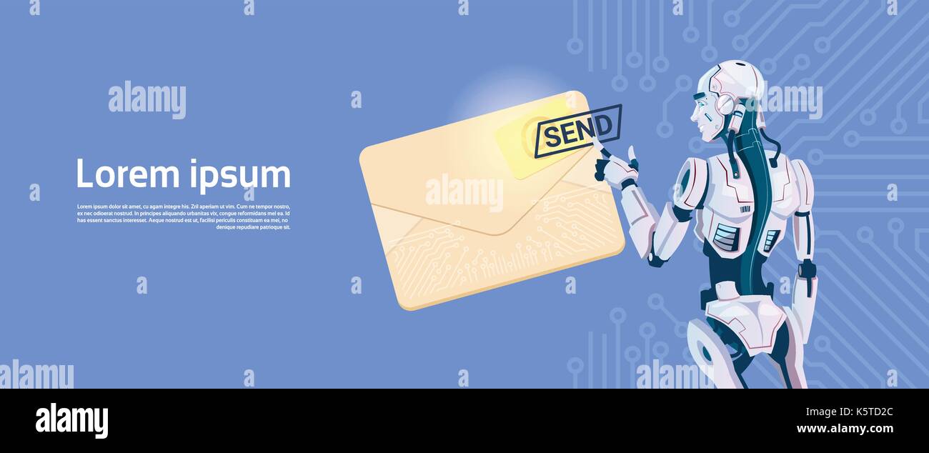 Modern Robot Hold Envelope Sending Email Message, Futuristic Artificial