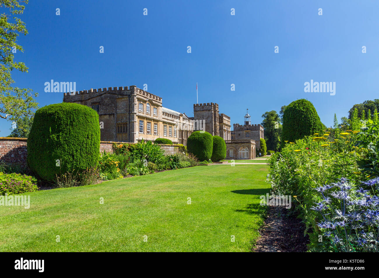 Herbaceous borders in front of Forde Abbey, a former Cistercian monastery near Chard on the Somerset Dorset border, England, UK Stock Photo