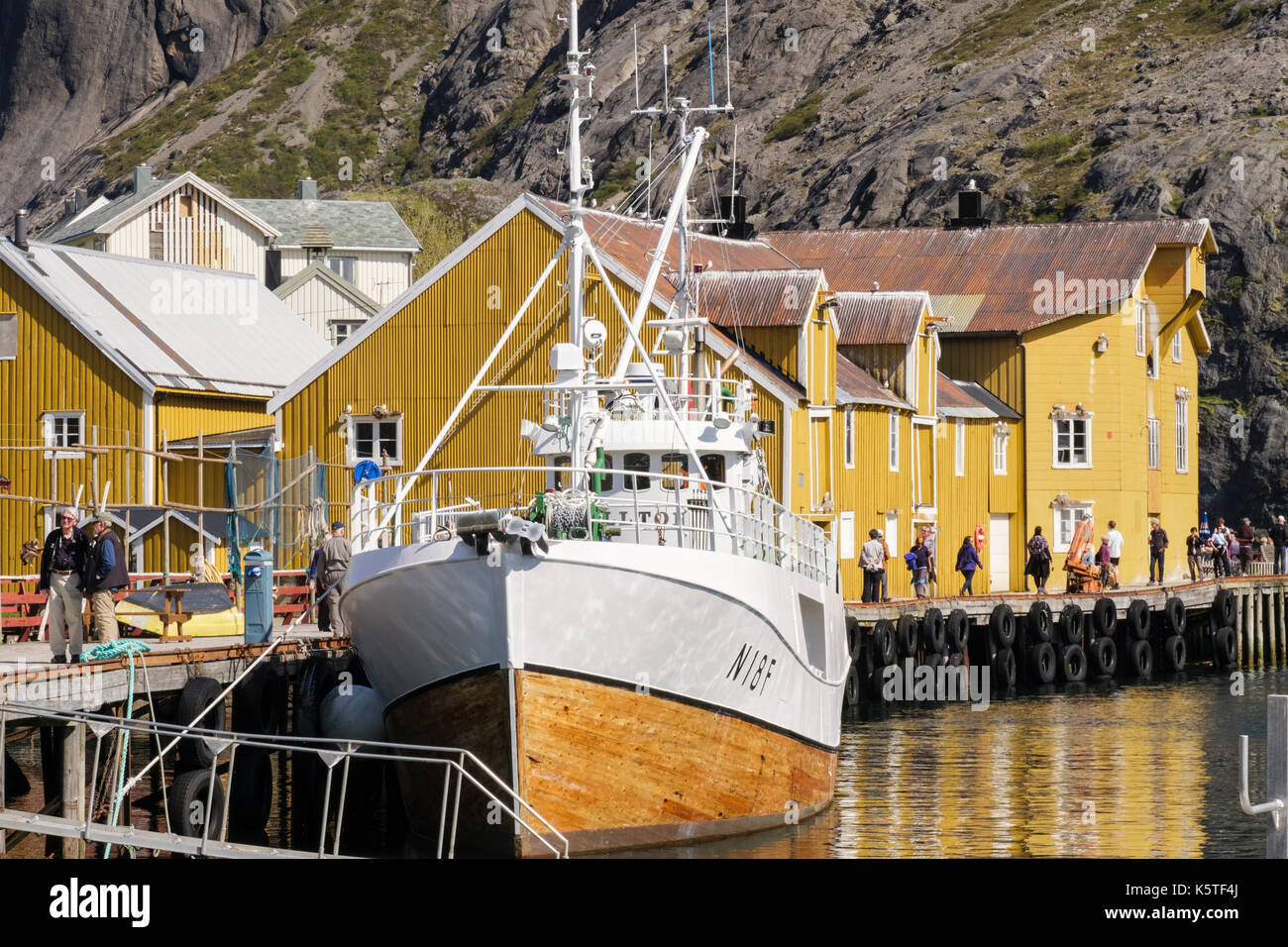 Traditional wooden fishing boat historic village harbour. Nusfjord, Flakstadøya Island, Lofoten Islands, Nordland, Norway, Scandinavia Stock Photo