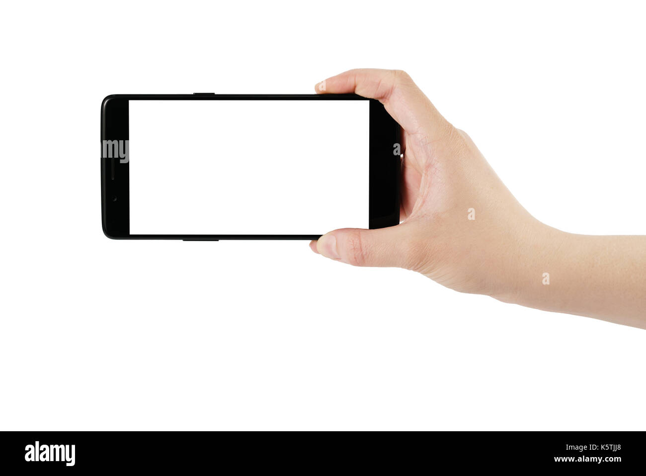 female teen hand holding smartphone isolated on white background Stock ...