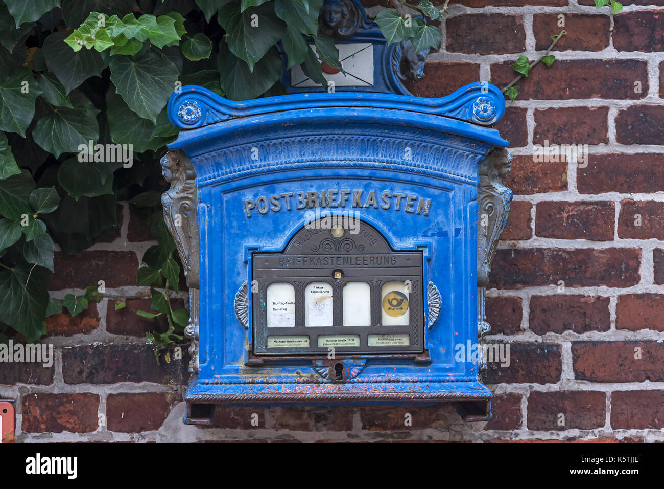 Blue mailbox, historical, replica from 1896, Lauenburg, Germany Stock