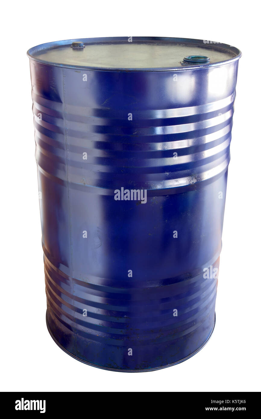 Two hundred liter oil barrels blue color on white background. object with work paths. Stock Photo