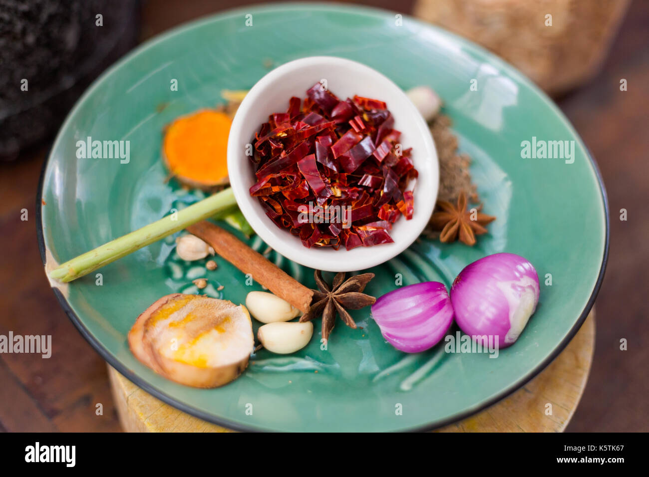 Massaman hot curry paste ingredients. Picture of traditional thai
