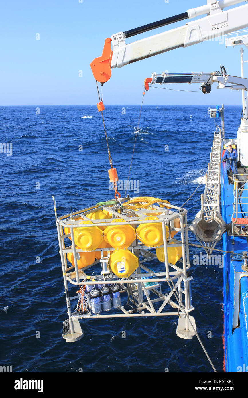 Deploying an ALBEX lander that can descend to the seafloor with equipment to measure current direction and speed, dissolved oxygen etc. Stock Photo