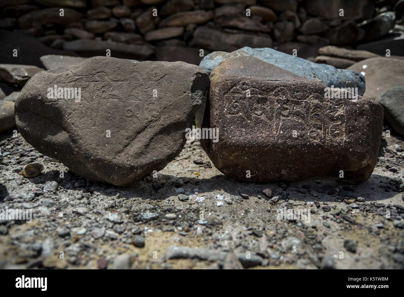 Traditional carved prayer stones at Alchi Monastery Stock Photo