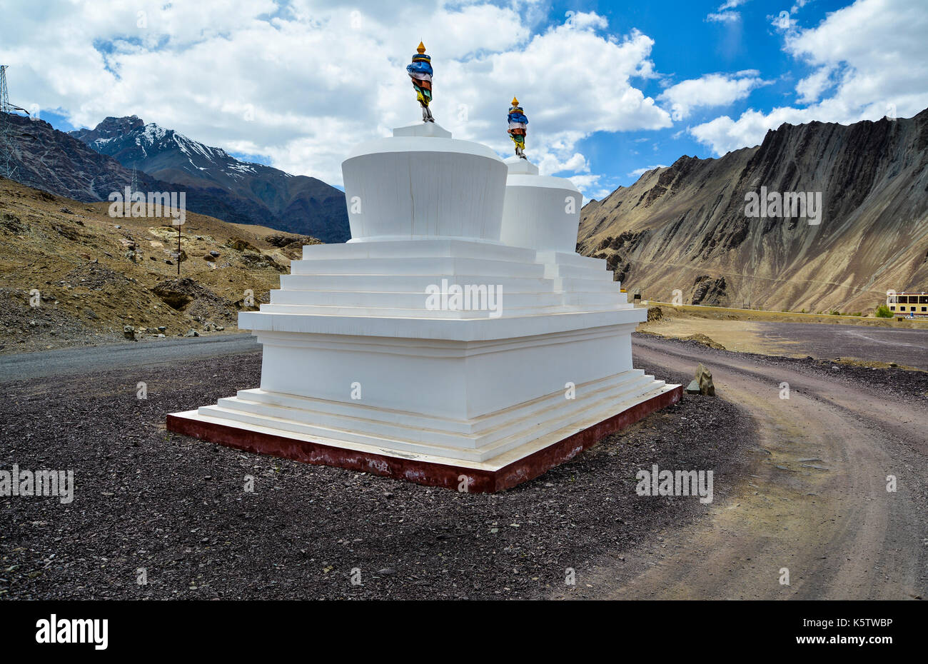 White chortens or stupas near Alchi, Ladakh Stock Photo