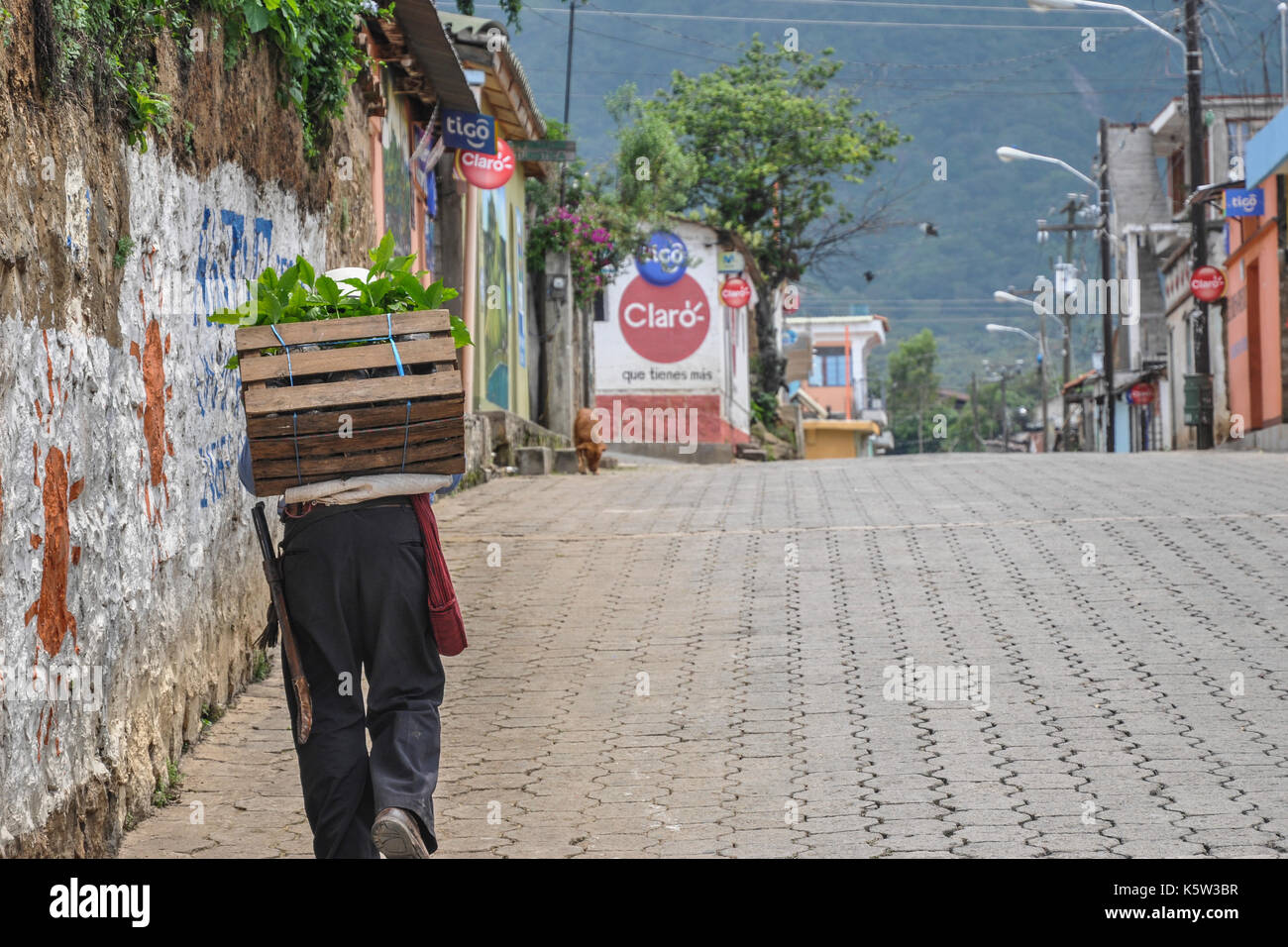 Man walking on a street in a empty street in a Guatemala village near Atitlan lake with a box of fresh vegetables on his back Stock Photo