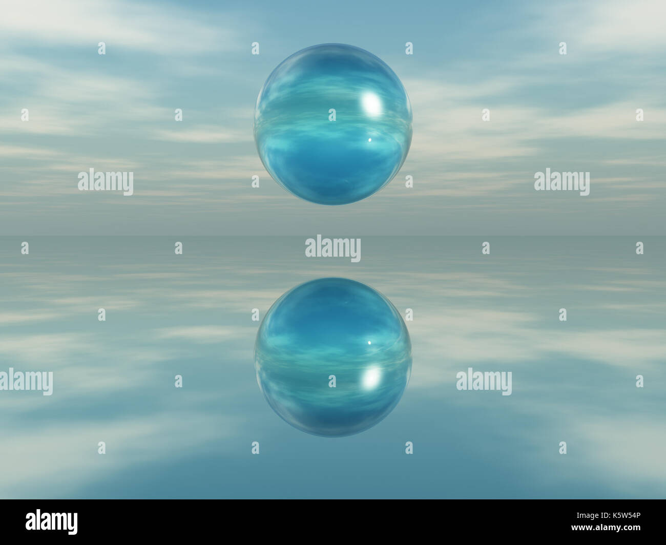 Sphere reflected on a mirrored surface Stock Photo