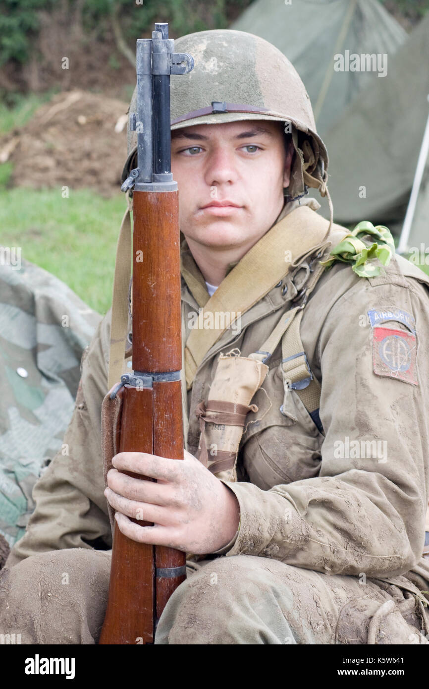 young soldier going to war from the WWII US Army 82Nd Airborne Division Paratrooper Stock Photo
