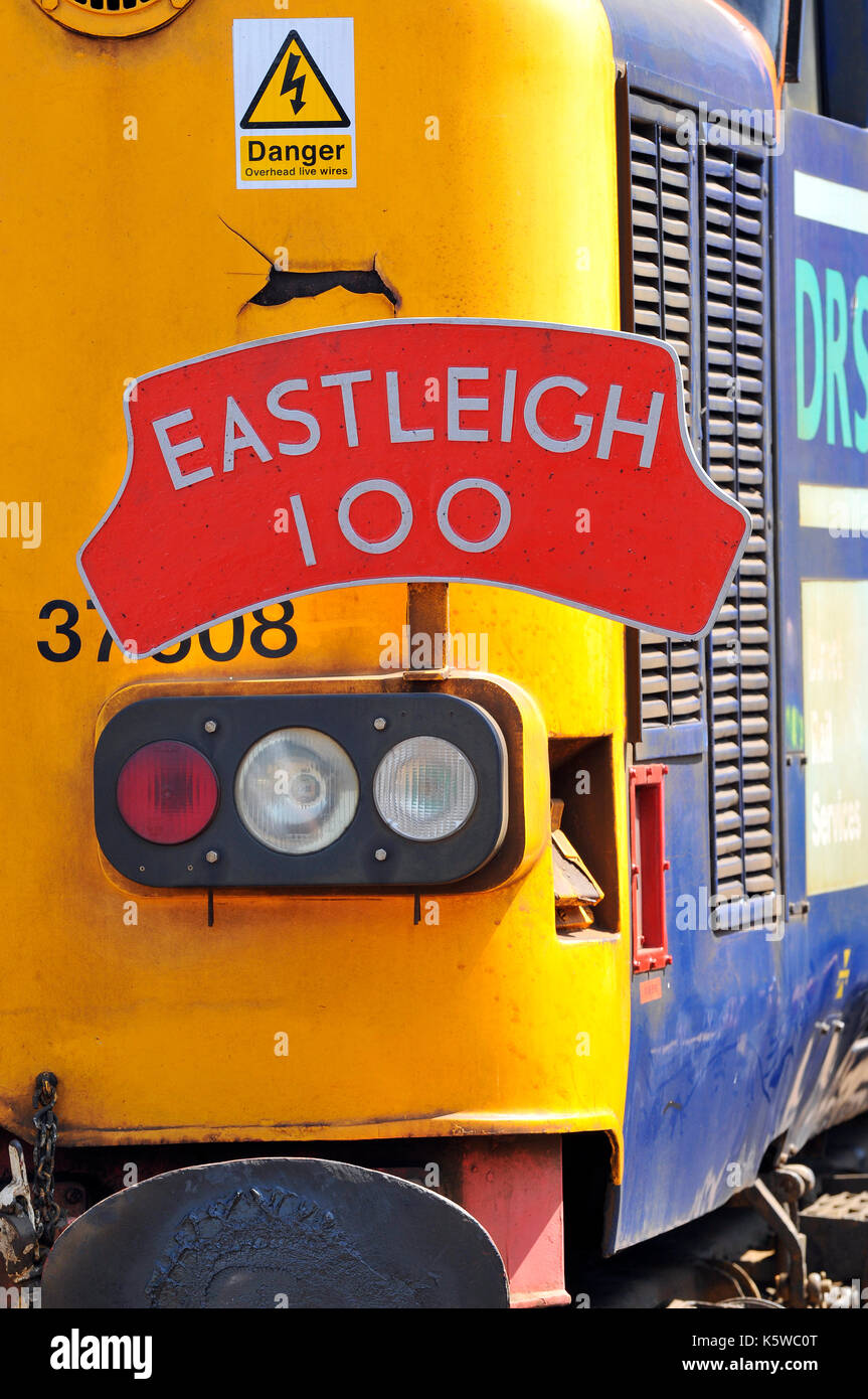 A class 37 diesel locomotive at the Eastleigh 100 celebrations events at Eastleigh train depot station celebrating 100 years of railway sheds in area Stock Photo