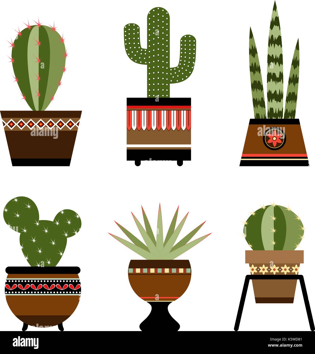 Six cactuses in pots with ornament. eps 10 Stock Vector