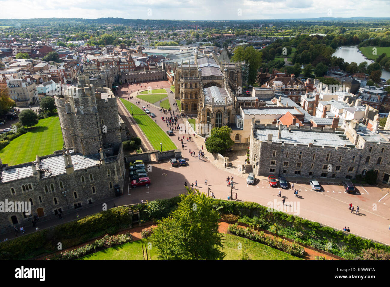 View of the Lower Ward of Windsor Castle including Saint Georges Chapel including its defensive walls & towers, and accommodation. Windsor, UK. (90) Stock Photo