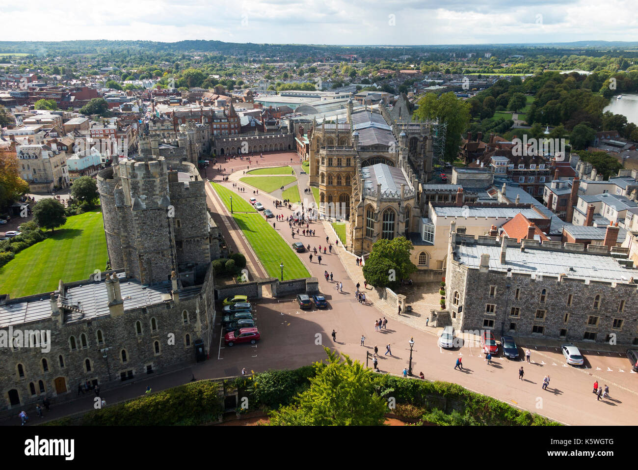 View of the Lower Ward of Windsor Castle including Saint Georges Chapel including its defensive walls & towers, and accommodation. Windsor, UK. (90) Stock Photo