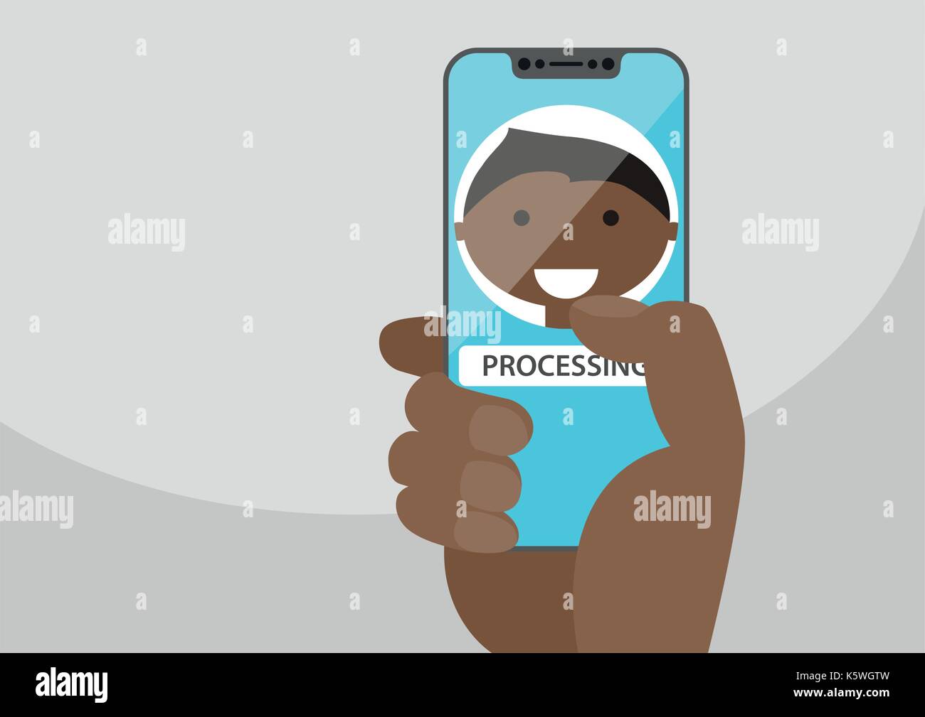 Face recognition concept to unlock a smartphone. Face icon displayed on frameless touchscreen. Hand holding bezel-less smartphone Stock Vector