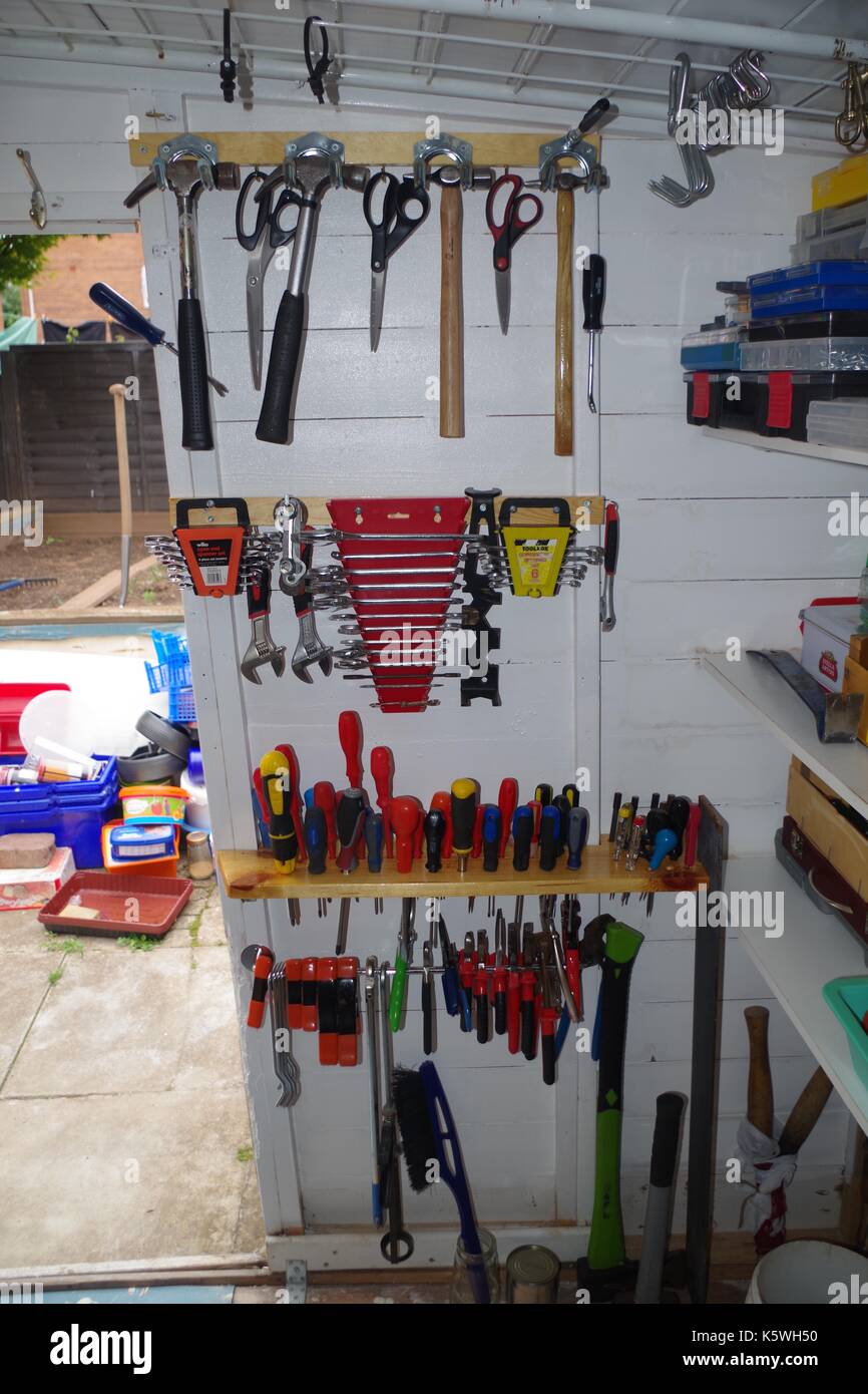 Organisation Tool Rack in a Garden Shed. Devon, UK. August, 2017 Stock