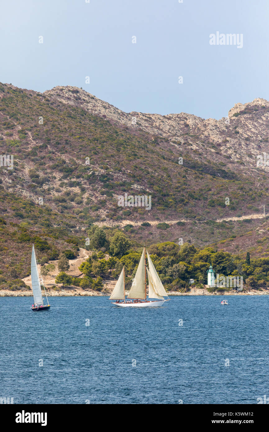 ST FLORENT, CORSICA - 9TH SEPTEMBER 2017: Classic sailing yacht Hygie leaves St Florent harbour on 9th September 2017 Stock Photo