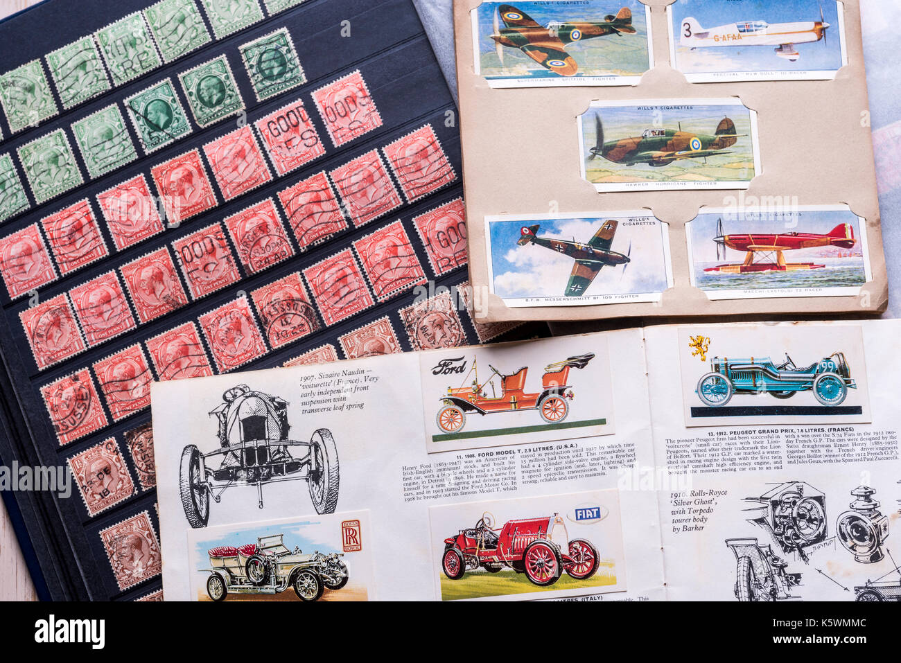 Postage stamps and cigarette cards, collecting. Memories nostalgia. Stock Photo