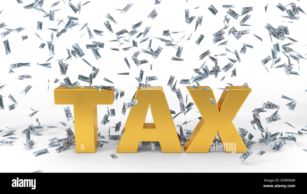 Tax Raining Money dollar banknote rain over tax text. 3d illustration. isolated on white ...