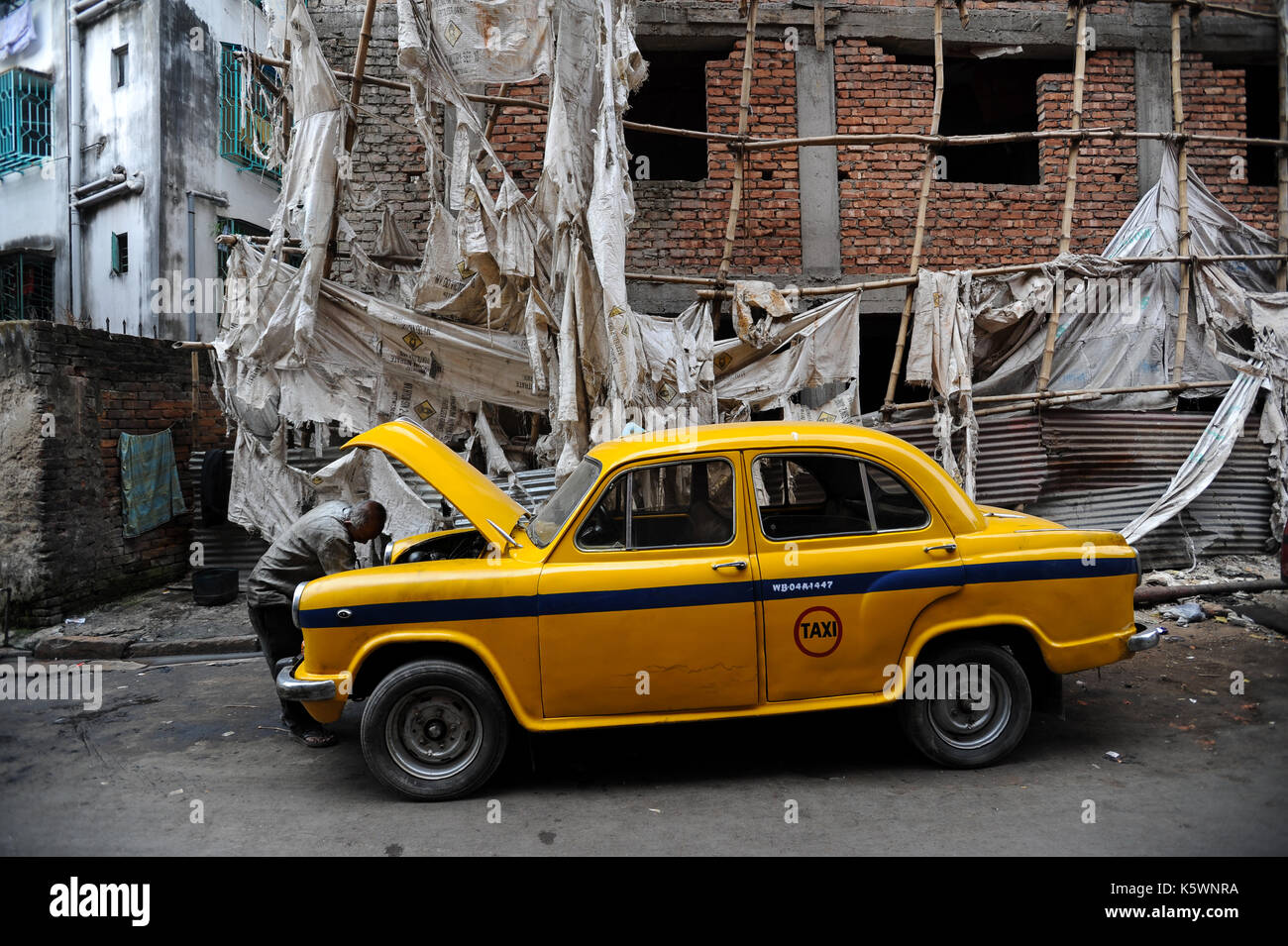 03.12.2011, Kolkata, West Bengal, India, Asia - A cab driver looks under the bonnet of his yellow taxi of the Hindustan Ambassador brand in Kolkata. Stock Photo
