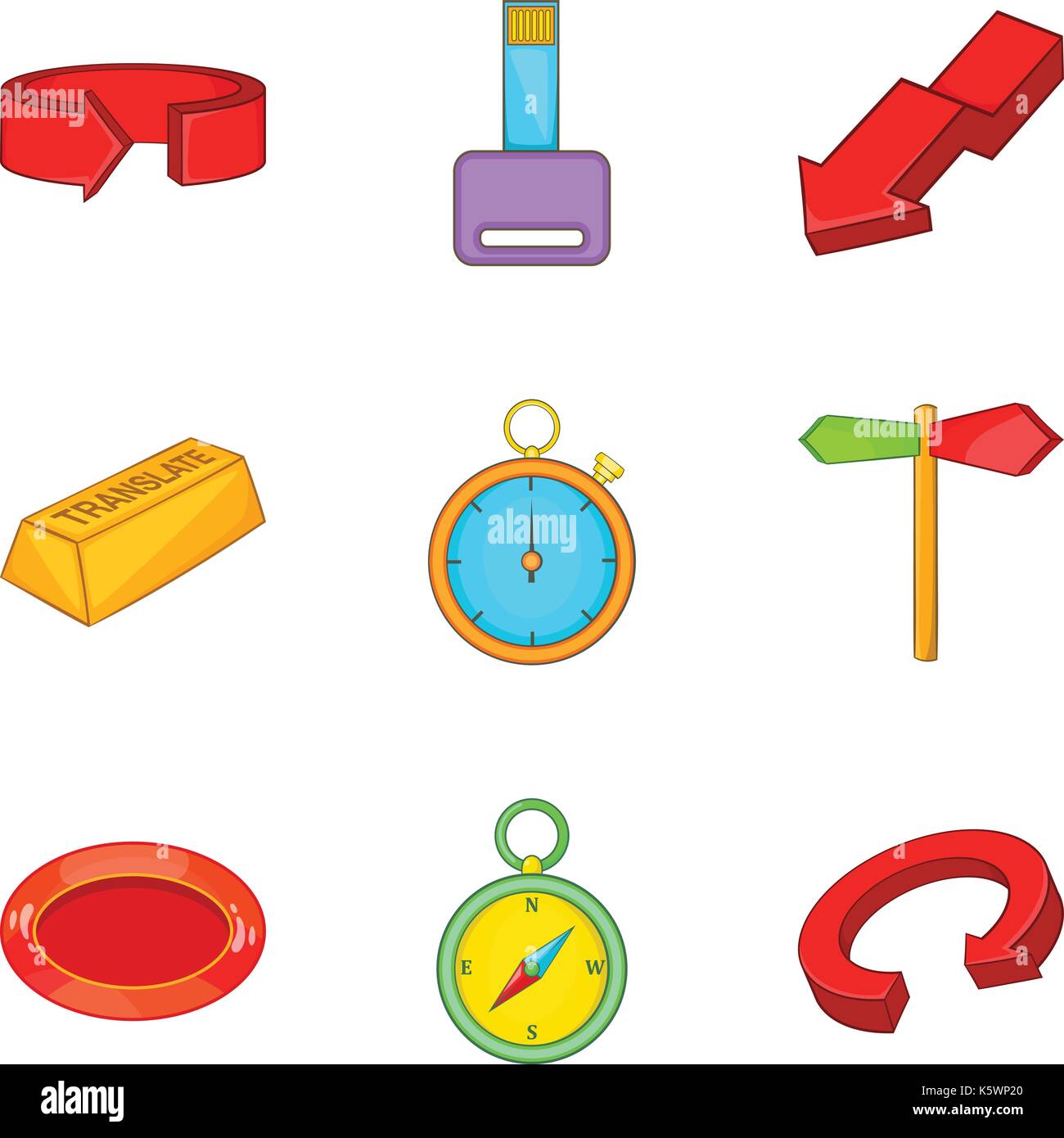 Turn icons set, cartoon style Stock Vector
