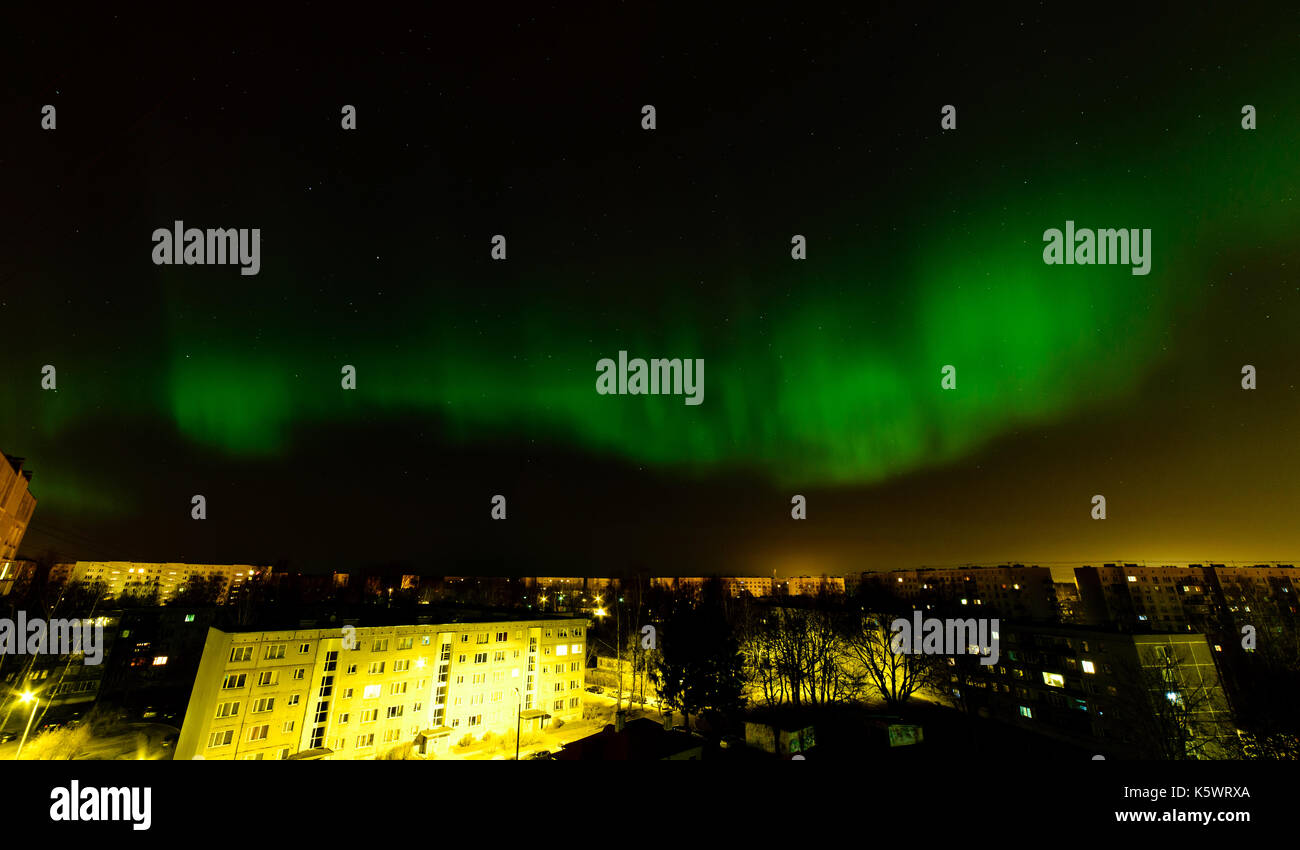 Intense northern lights (Aurora borealis) over city of Riga, Latvia ...