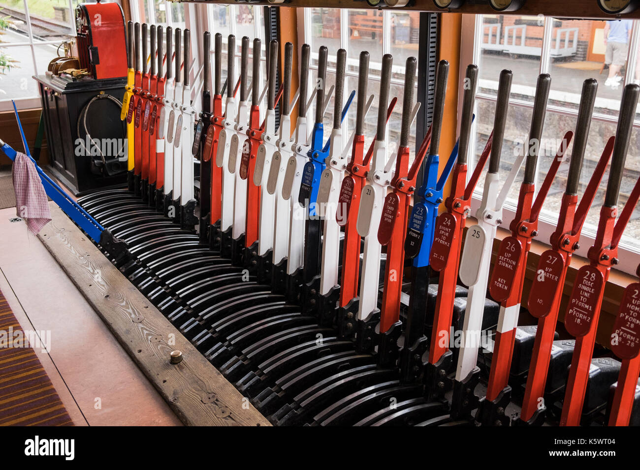 Levers in the signal box at Weybourne station, North Norfolk Railway, train station, England, UK Stock Photo