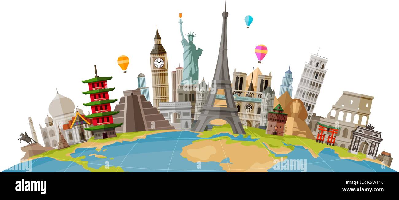 Travel, journey concept. Famous monuments of world countries. Vector illustration Stock Vector