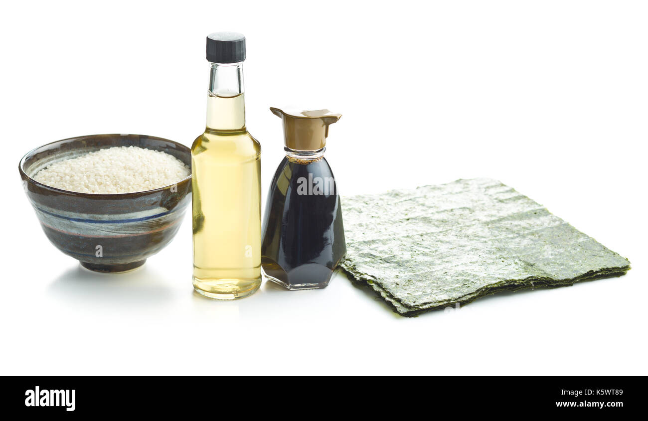The sushi ingredient. Nori, rice, rice vinegar and soy sauce isolated