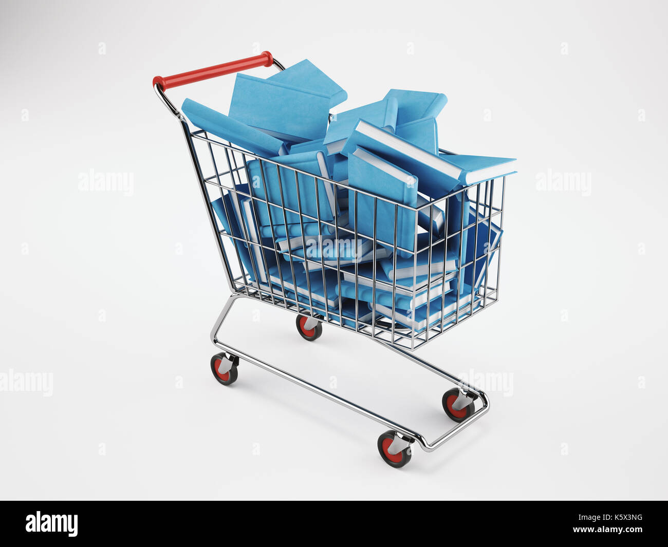 Shopping cart full of books. 3D Rendering Stock Photo