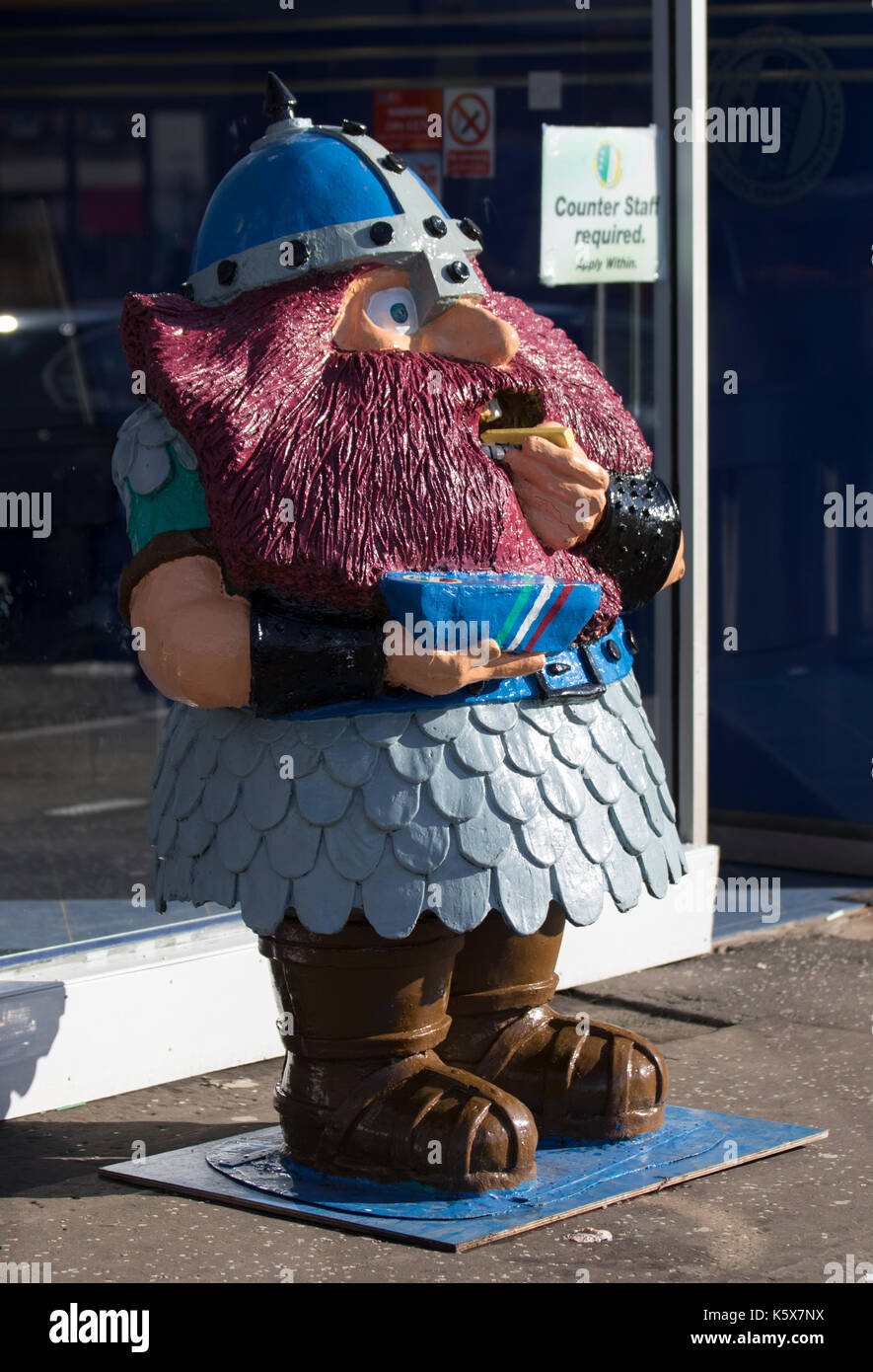 Viking figure outside The Viking fish & chip chop, Largs, Scotland