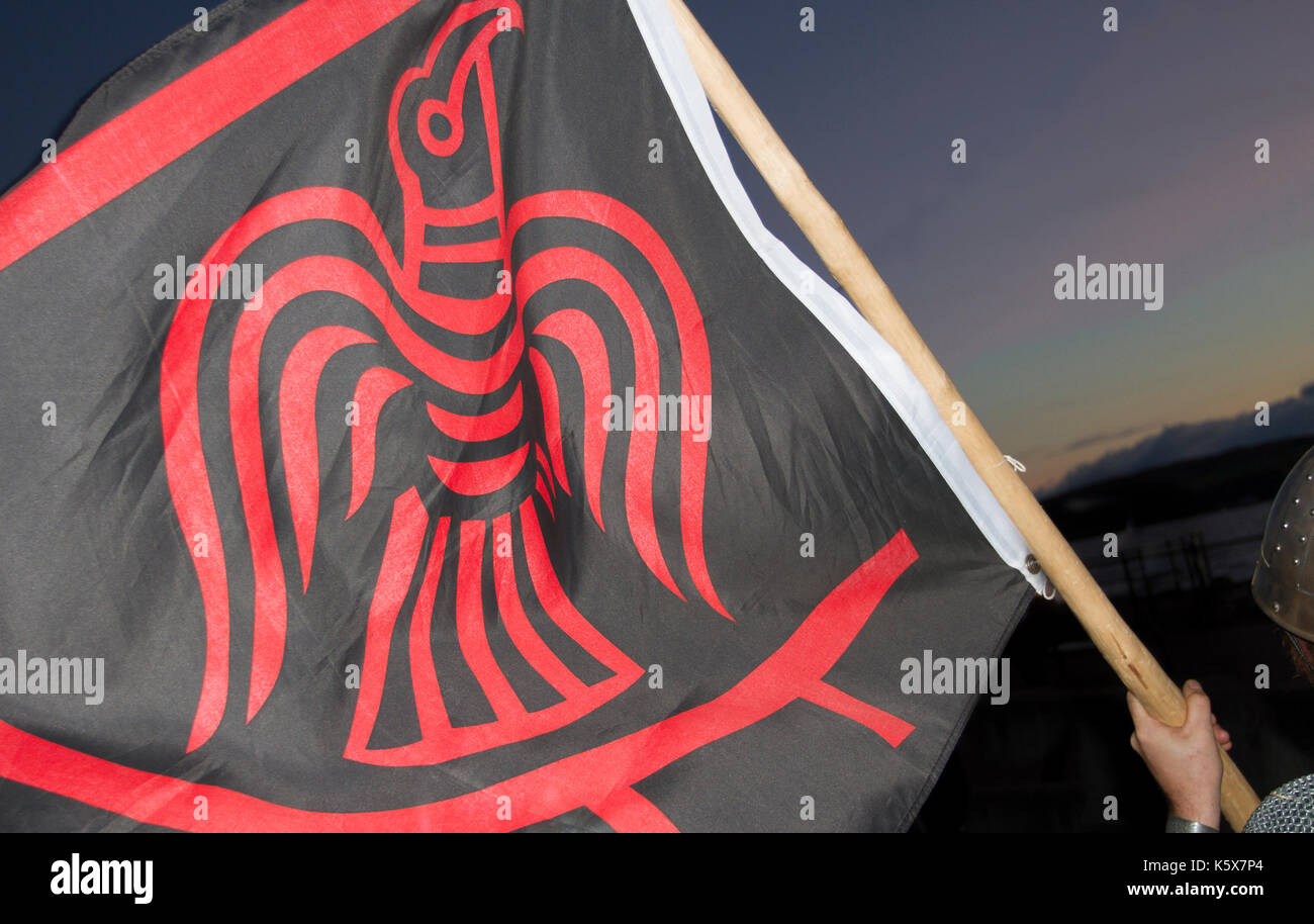 Odin's red black Raven Banner Viking Norse totemic bird Flag at Largs, Scotland, UK Stock Photo