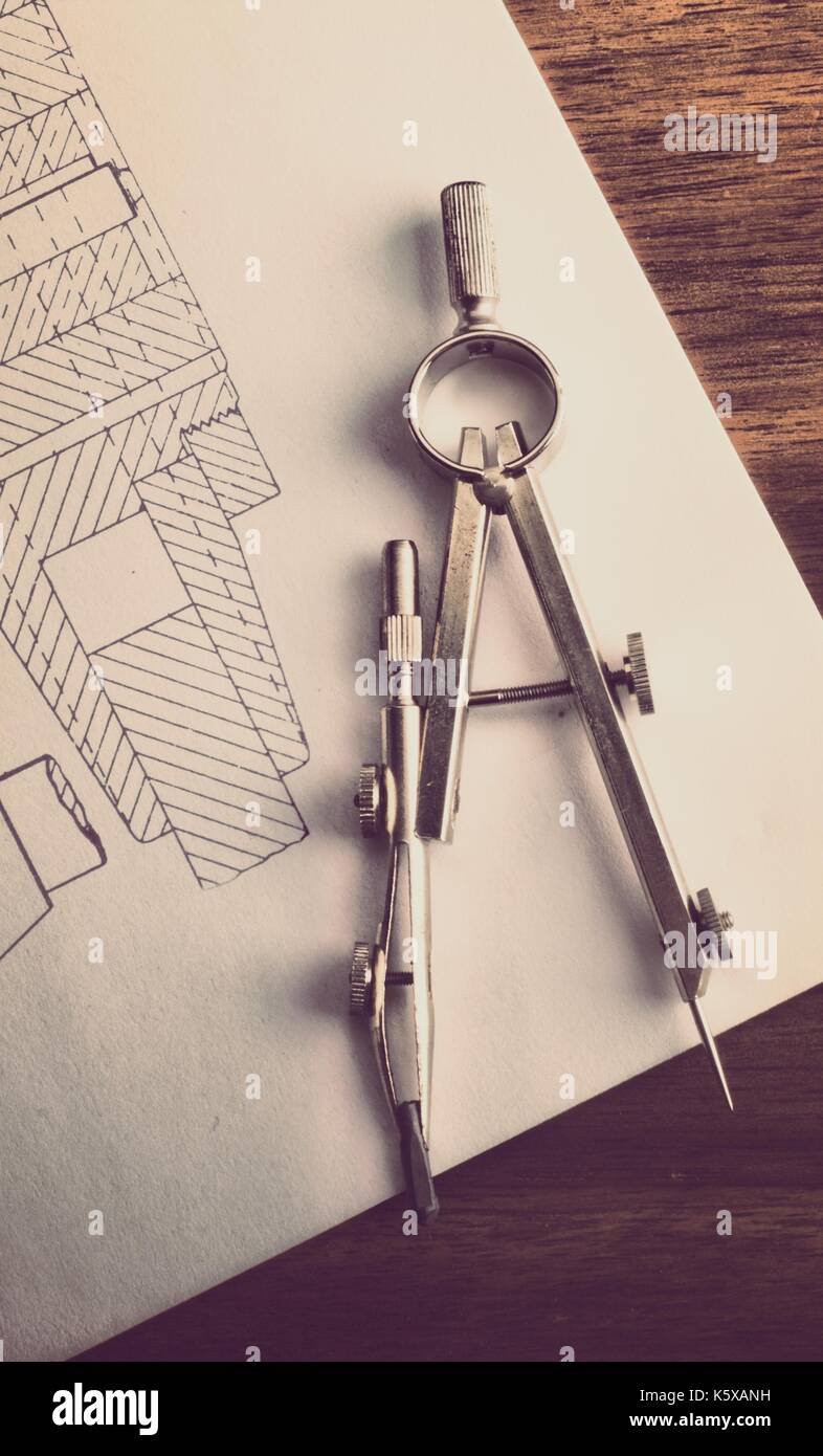 indastrial drawing detail and tool Stock Photo