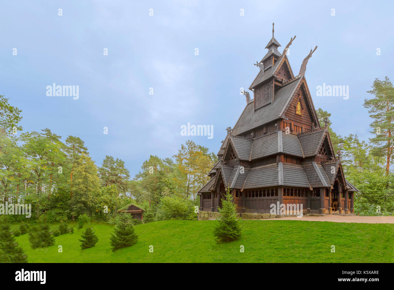 The ancient Stave Church ( Stavkirke ) from Gol in the NORSK FOLKEMUSEUM-  an open air Museum of the Norwegian Cultural History, Oslo, Bygdøy, Norway. Stock Photo