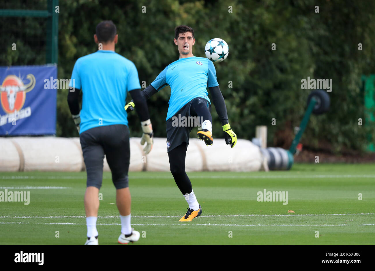 Chelsea's goalkeeper Thibaut Courtois during the training session at the CFC Training Ground, Cobham. Stock Photo