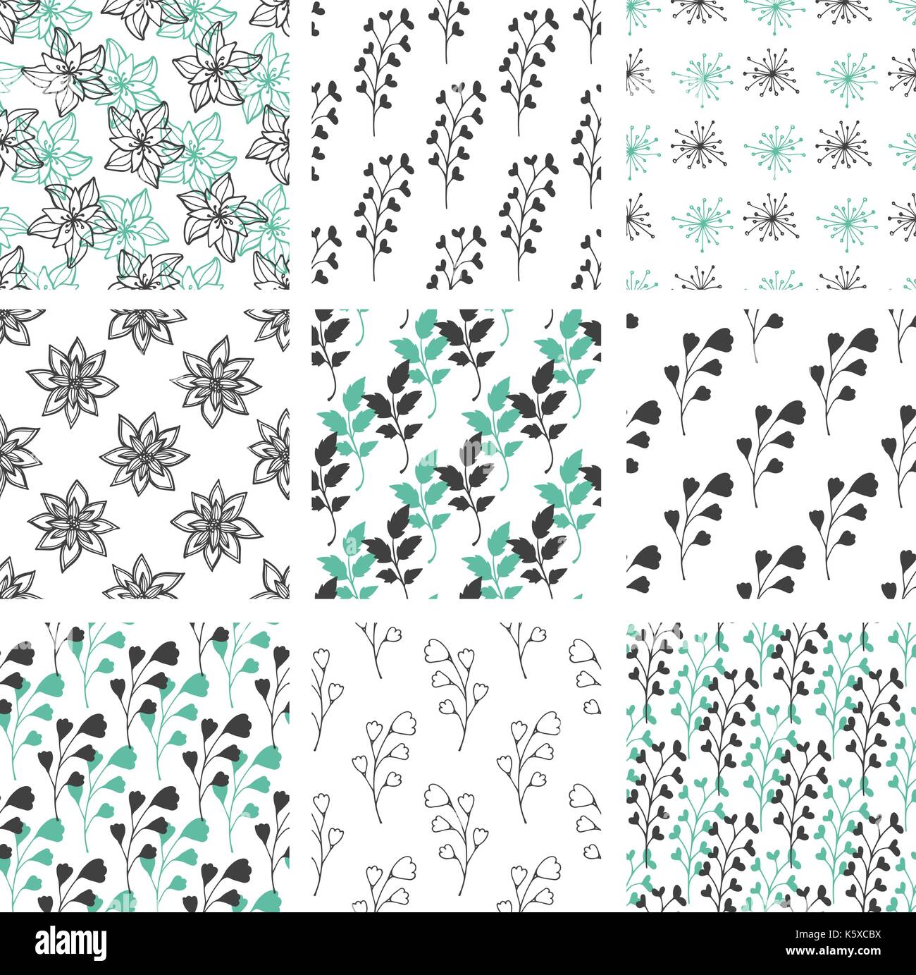Set of hand drawn abstract floral seamless patterns with flowers and ...