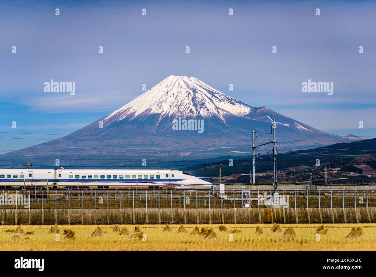 Mt. Fuji and train in Japan. Stock Photo