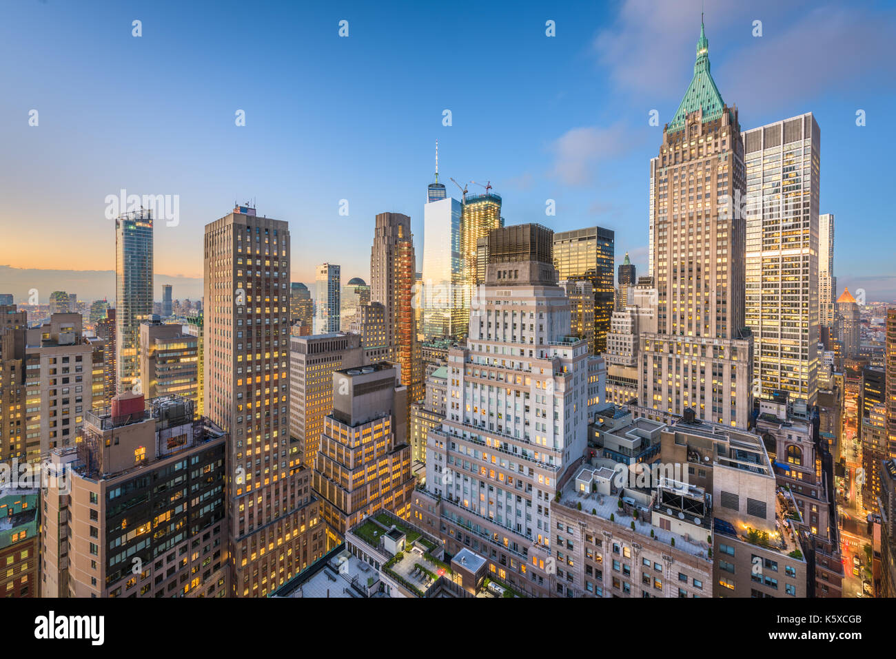 New York City financial district cityscape at twilight. Stock Photo