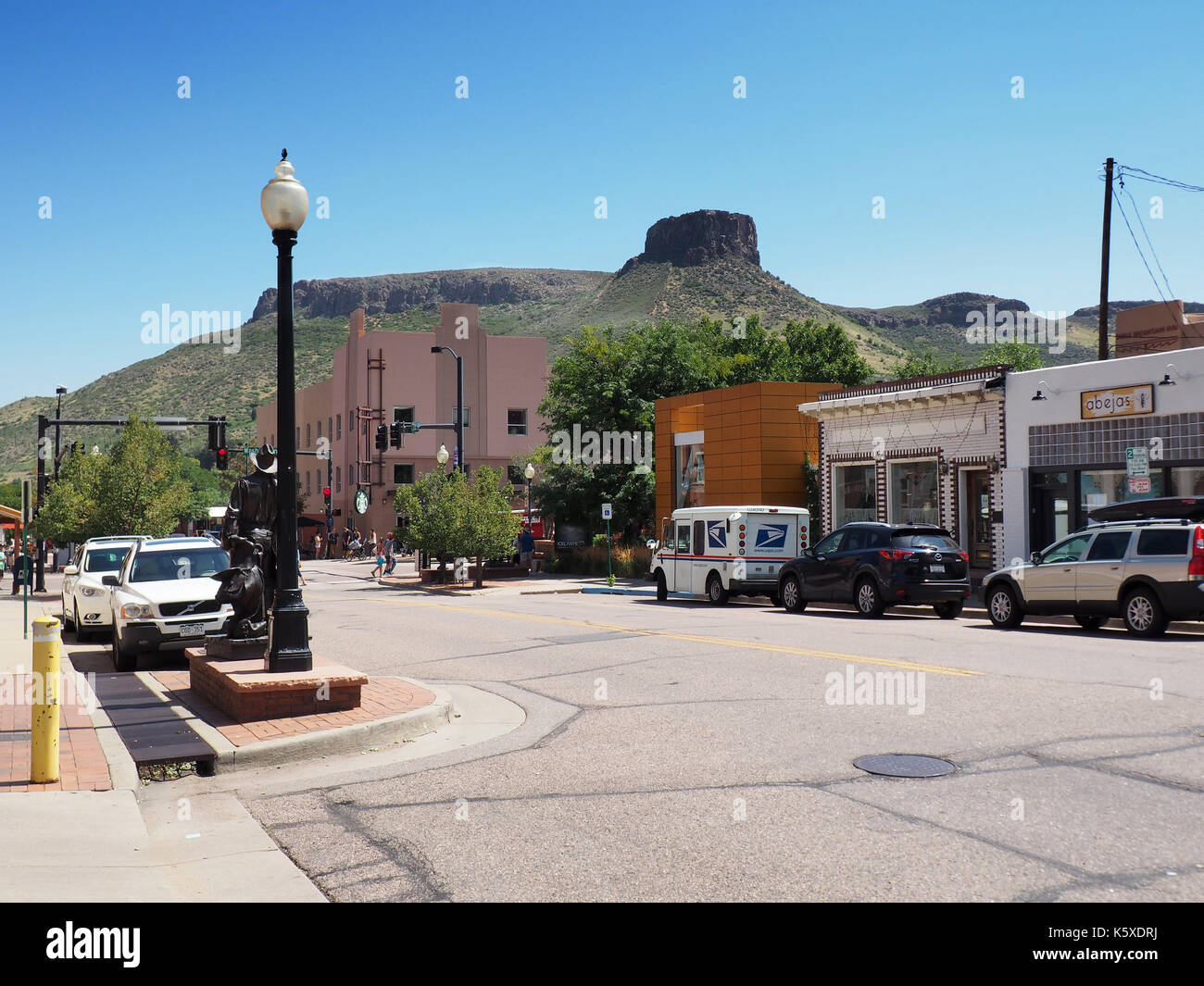 Golden, CO - August 12:  Street in Golden, Colorado with Table Mountain in the background.  Golden was founded during the Pike's Peak Gold Rush on Jun Stock Photo