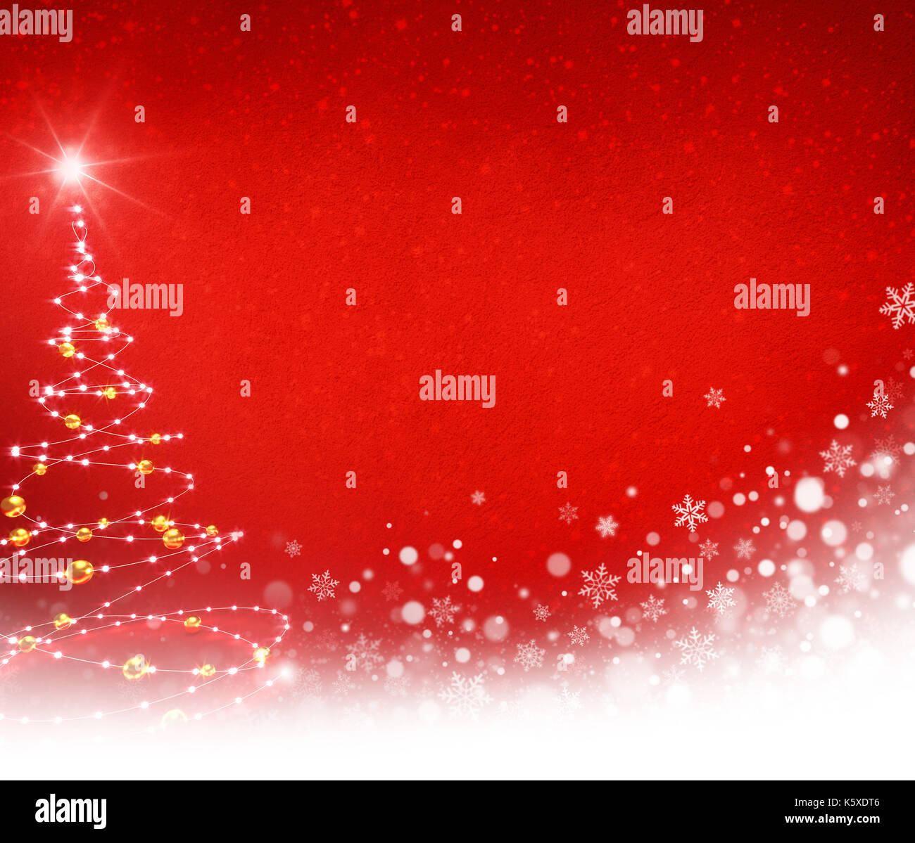 Christmas tree and white snowflakes on a festive red background - 3D illustration Stock Photo