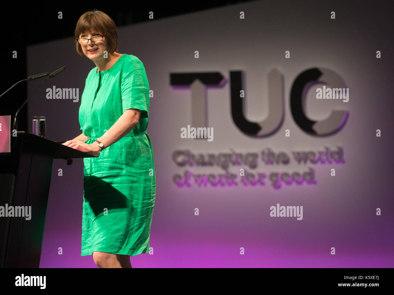 Frances O'Grady, General secretary of the TUC, addresses the TUC conference in Brighton Stock Photo