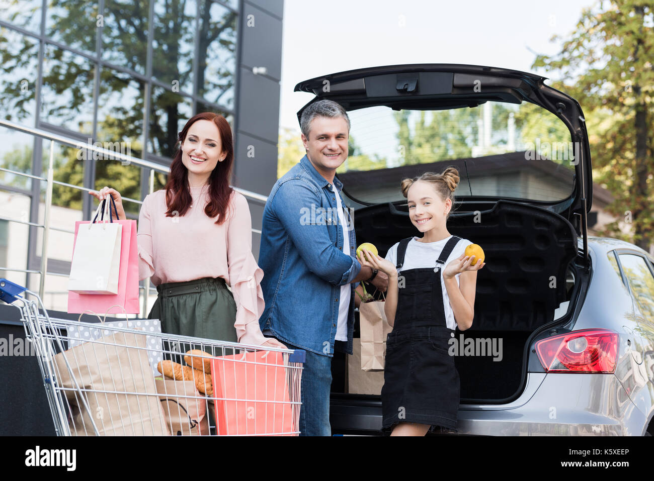family packing shopping bags in car Stock Photo Alamy