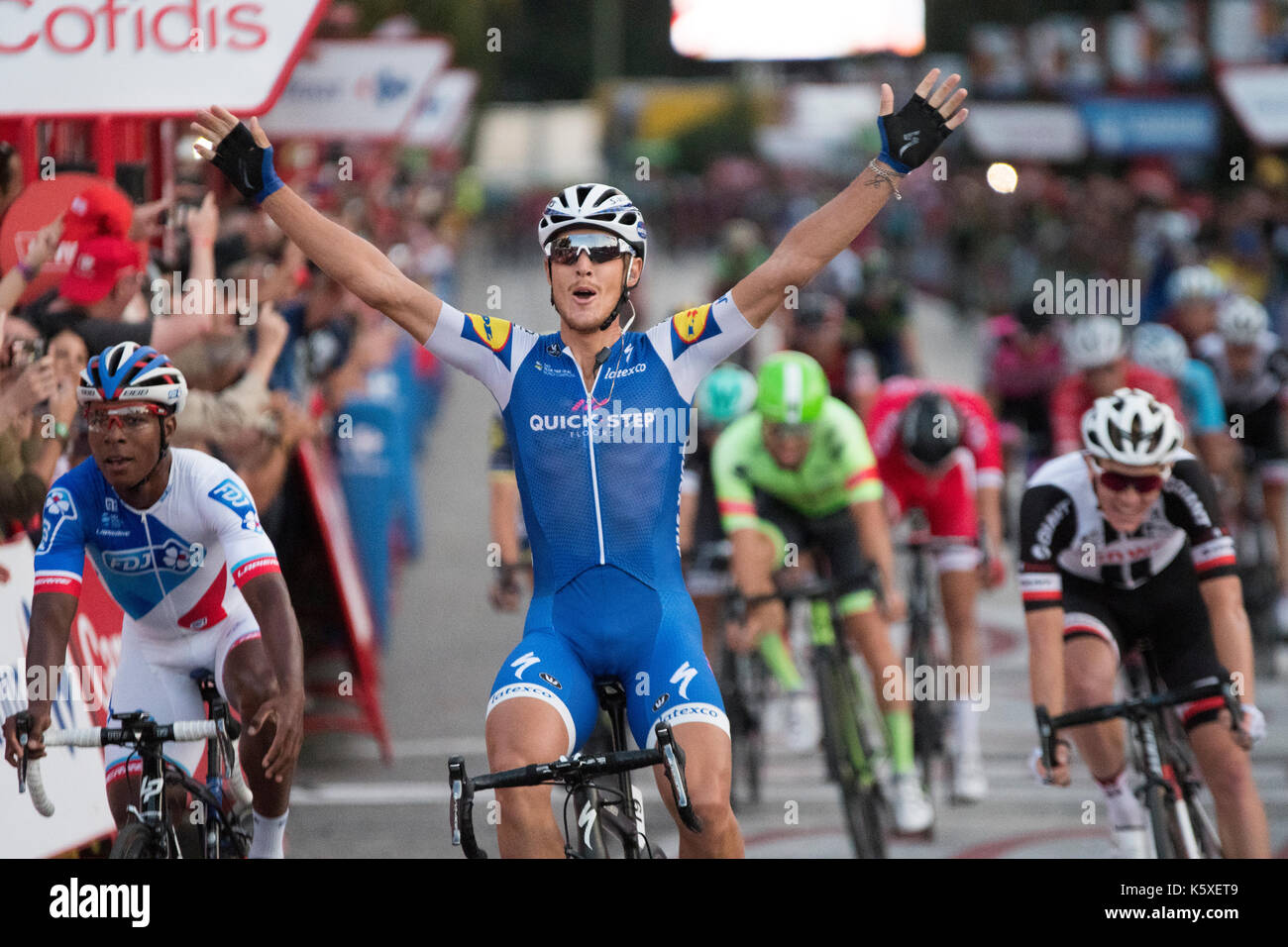 Madrid, Spain. 10th September, 2017. Winner celebrates his victory rides  during the stage 21 of Tour of Spain (Vuelta a España) between Madrid and Madrid on September 10, 2017 in Madrid, Spain. ©David Gato/Alamy Live News Stock Photo